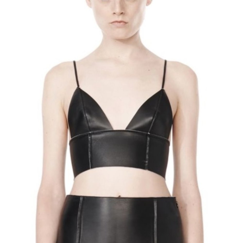T by Alexander Wang Raw Edge Triangle Leather Bralette, Size 2, Black
